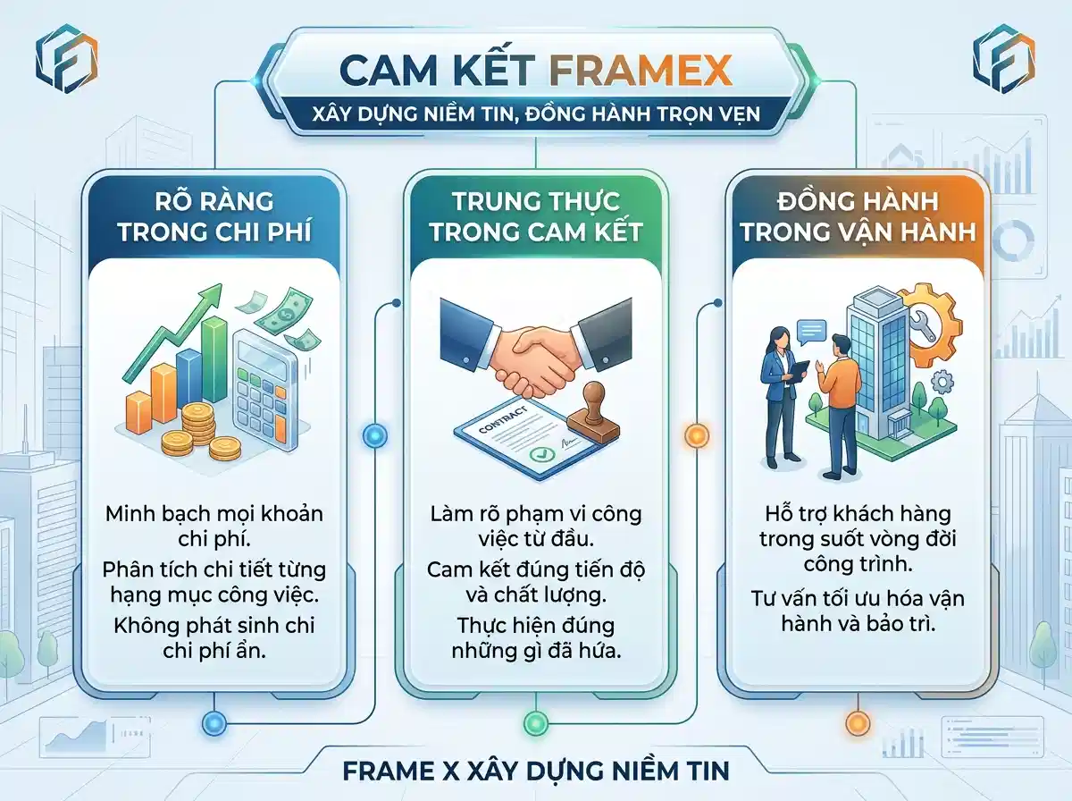 Cam kết FrameX — Rõ ràng trong chi phí, trung thực trong cam kết, đồng hành trong vận hành